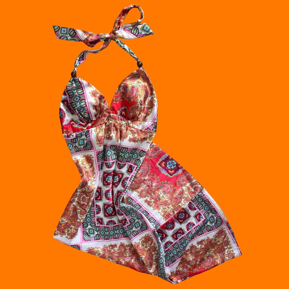 00's vintage boho paisley patchwork satin beaded y2k maxi dress M *deadstock*